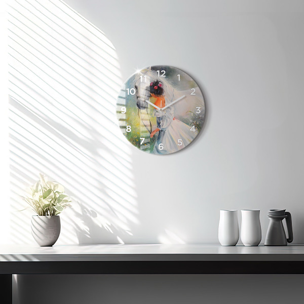 Round glass clock Beautiful woman with a horse