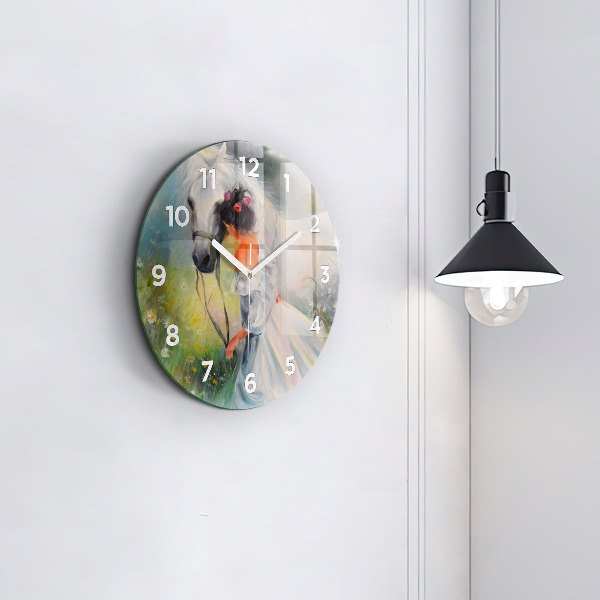 Round glass clock Beautiful woman with a horse