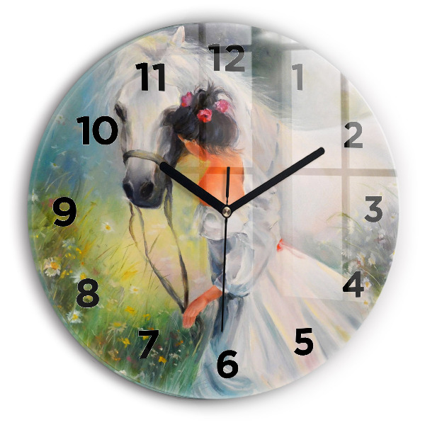 Round glass clock Beautiful woman with a horse