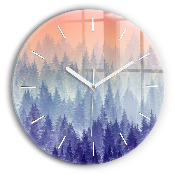 Round glass clock Forest in the fog