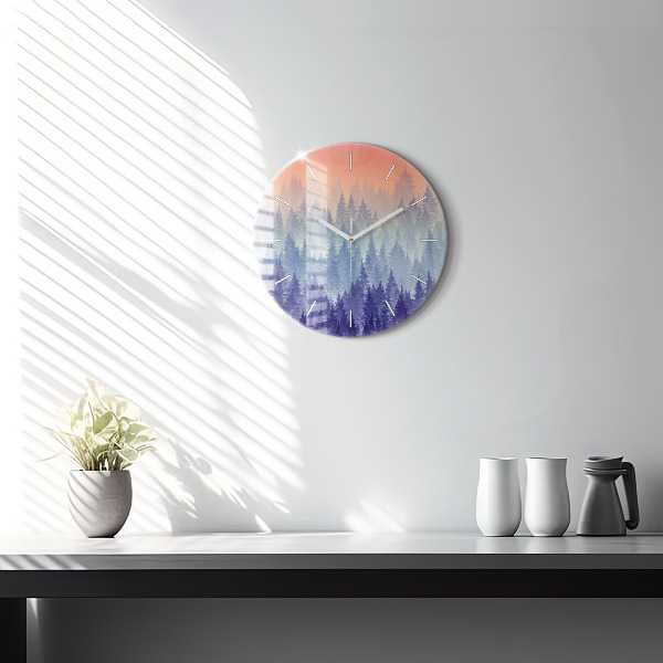 Round glass clock Forest in the fog
