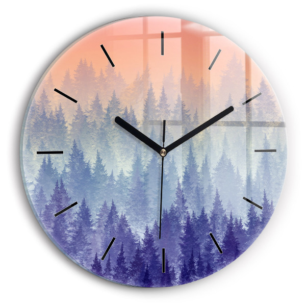 Round glass clock Forest in the fog