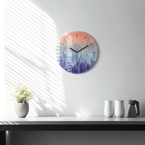 Round glass clock Forest in the fog