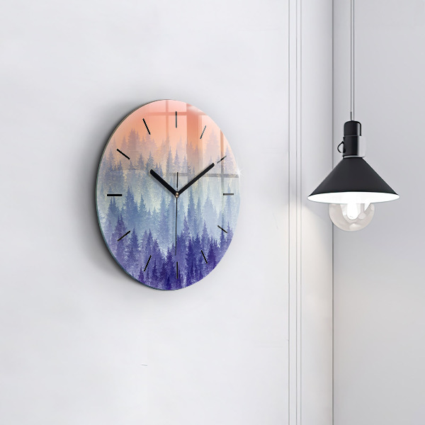 Round glass clock Forest in the fog