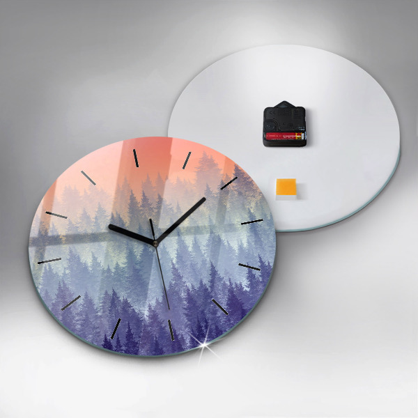 Round glass clock Forest in the fog