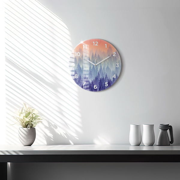 Round glass clock Forest in the fog