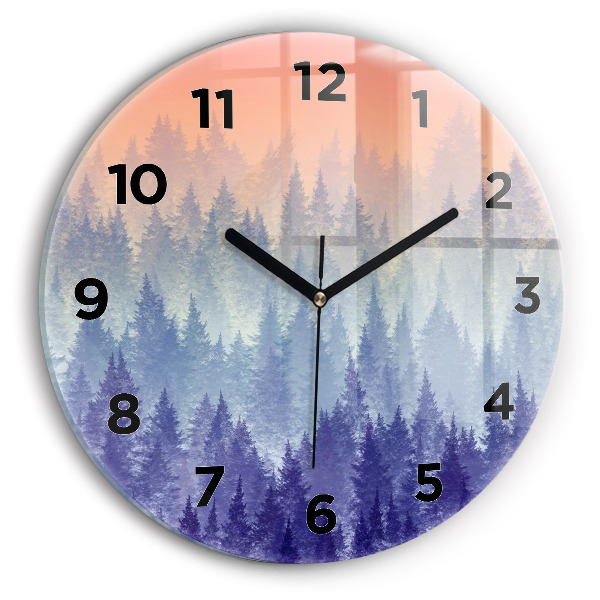 Round glass clock Forest in the fog