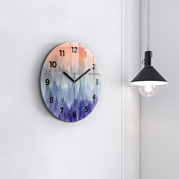 Round glass clock Forest in the fog