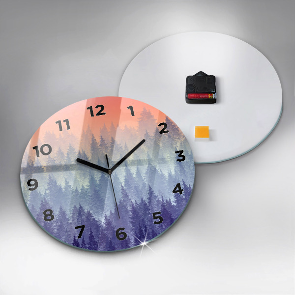 Round glass clock Forest in the fog