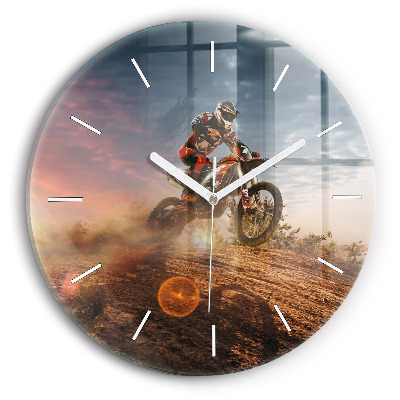 Round glass clock Man on a motorcycle