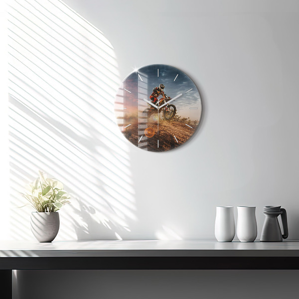 Round glass clock Man on a motorcycle