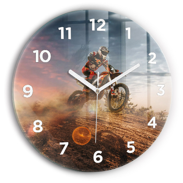 Round glass clock Man on a motorcycle