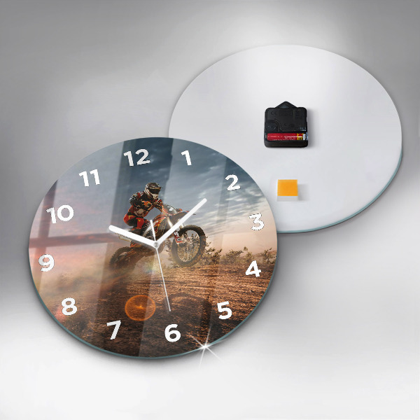Round glass clock Man on a motorcycle
