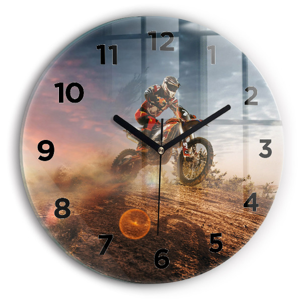 Round glass clock Man on a motorcycle