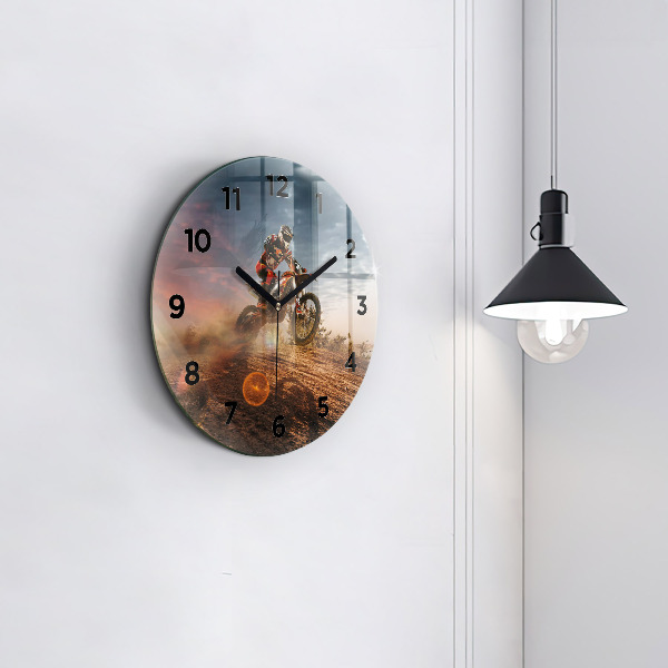Round glass clock Man on a motorcycle