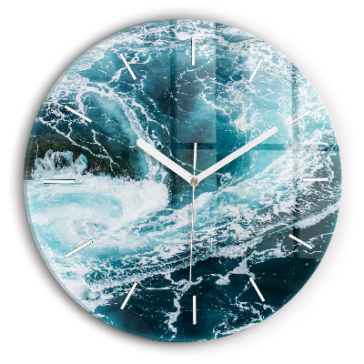 Round glass clock Swirling foamy waves