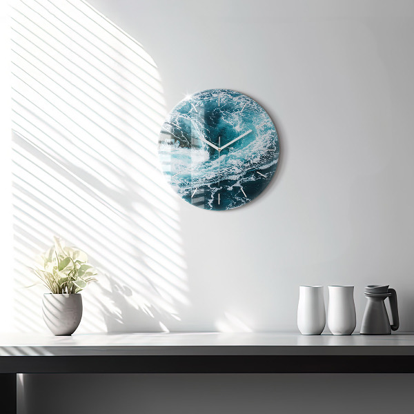 Round glass clock Swirling foamy waves