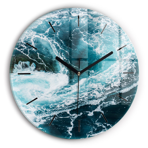 Round glass clock Swirling foamy waves