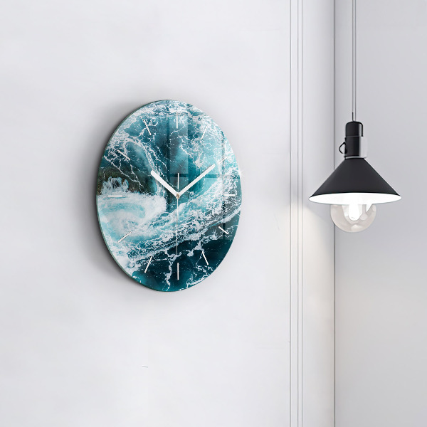 Round glass clock Swirling foamy waves