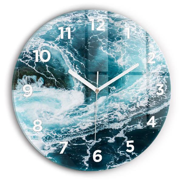 Round glass clock Swirling foamy waves