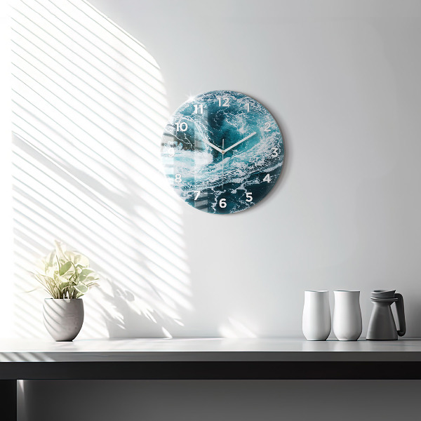 Round glass clock Swirling foamy waves