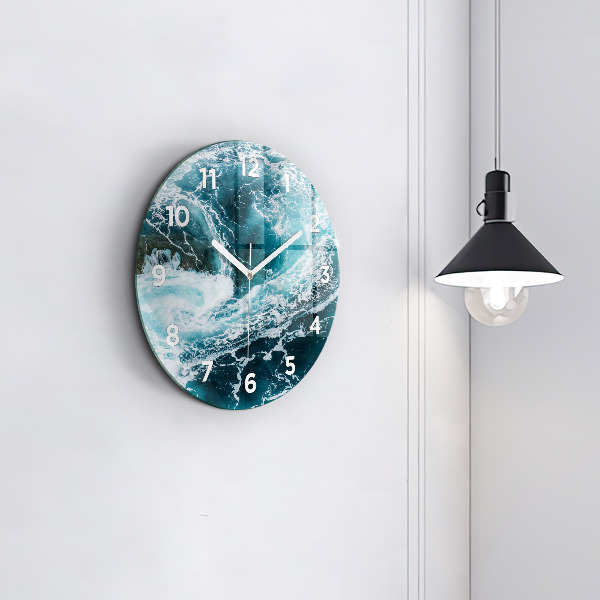 Round glass clock Swirling foamy waves
