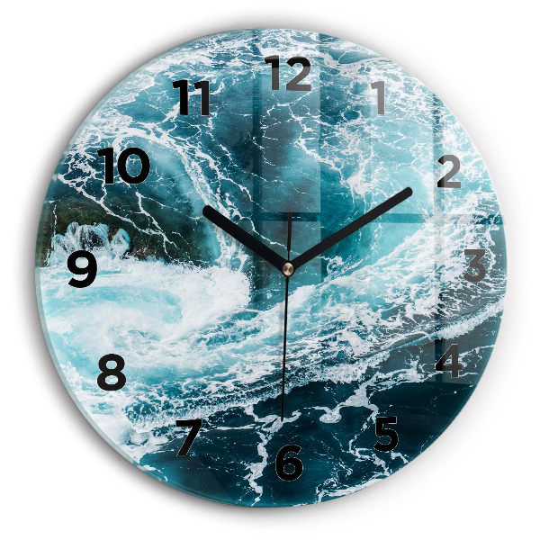 Round glass clock Swirling foamy waves