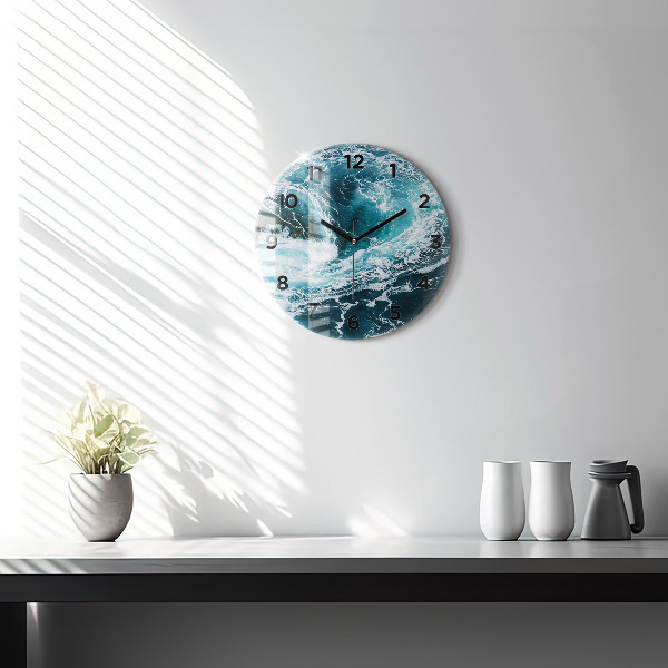 Round glass clock Swirling foamy waves