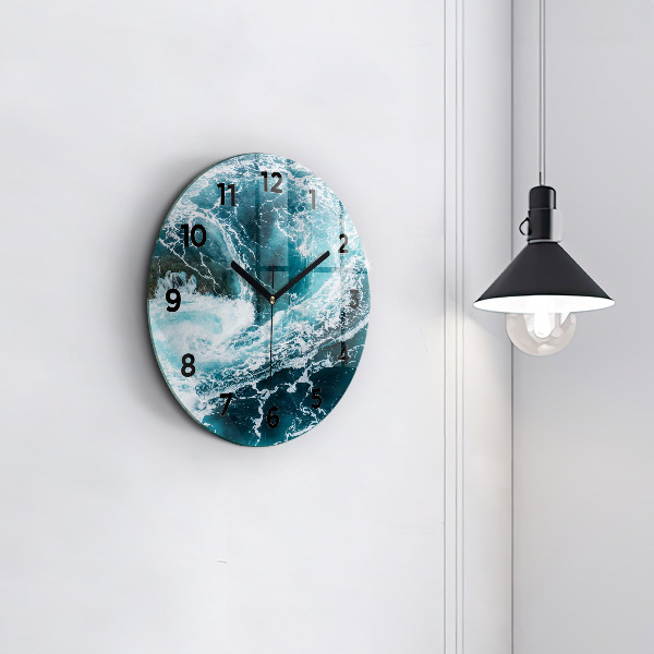 Round glass clock Swirling foamy waves