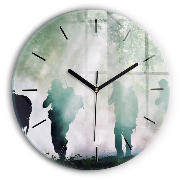 Round glass clock Army in the forest soldiers
