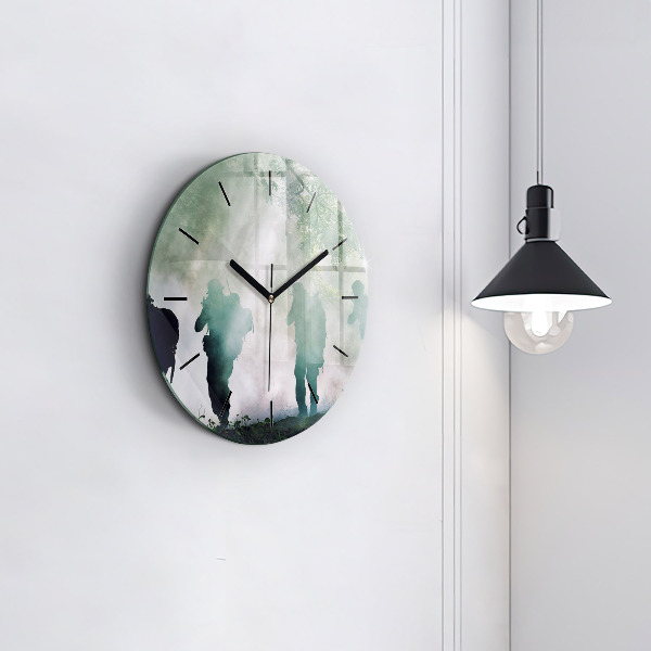 Round glass clock Army in the forest soldiers