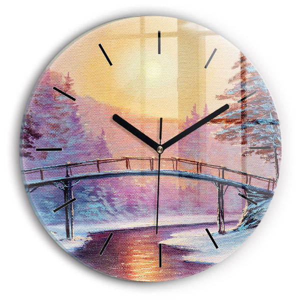 Round glass clock Christmas tree and bridge