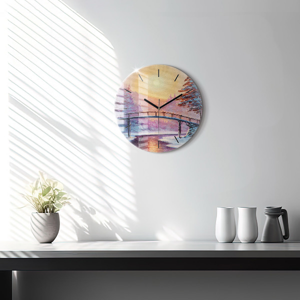 Round glass clock Christmas tree and bridge