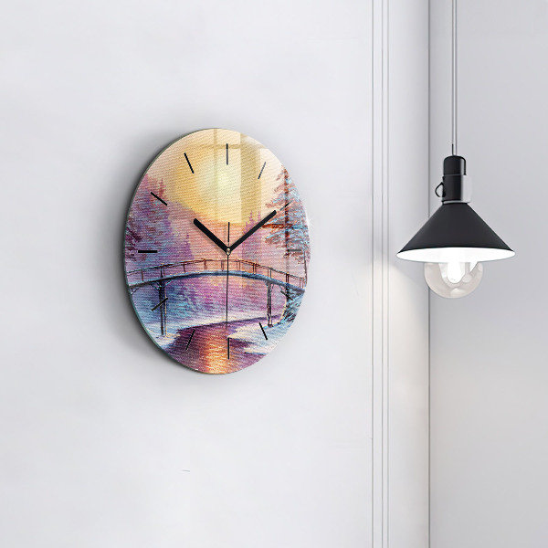 Round glass clock Christmas tree and bridge