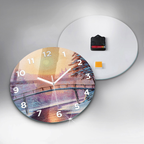 Round glass clock Christmas tree and bridge