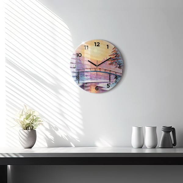 Round glass clock Christmas tree and bridge