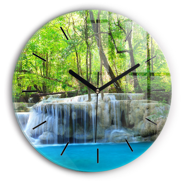 Round glass clock Waterfall in the forest