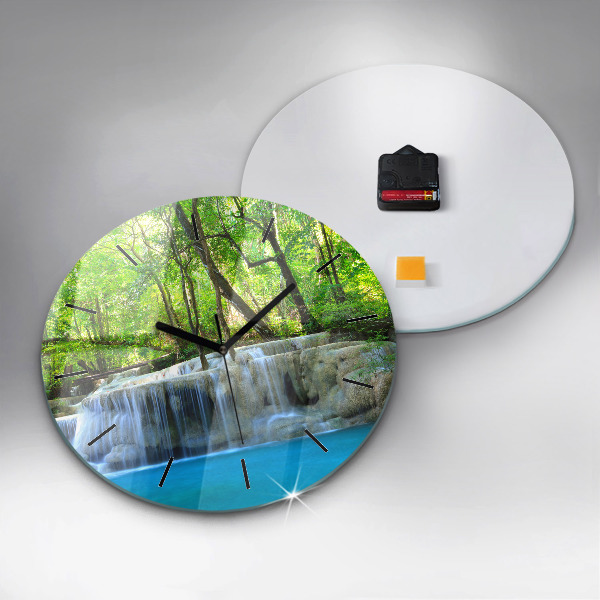 Round glass clock Waterfall in the forest
