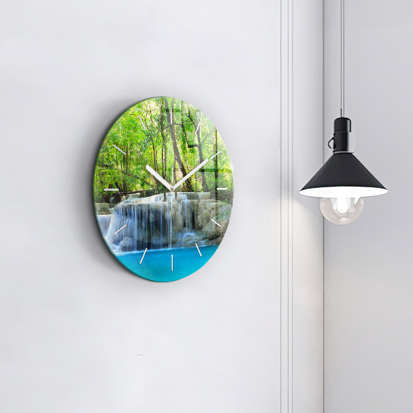 Round glass clock Waterfall in the forest