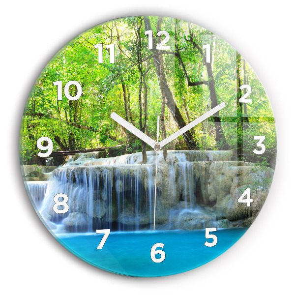Round glass clock Waterfall in the forest