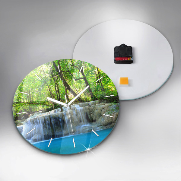 Round glass clock Waterfall in the forest