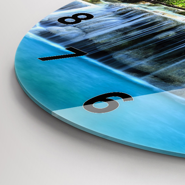 Round glass clock Waterfall in the forest