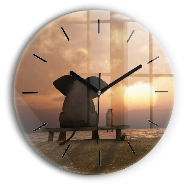Round glass clock Animals and sunset