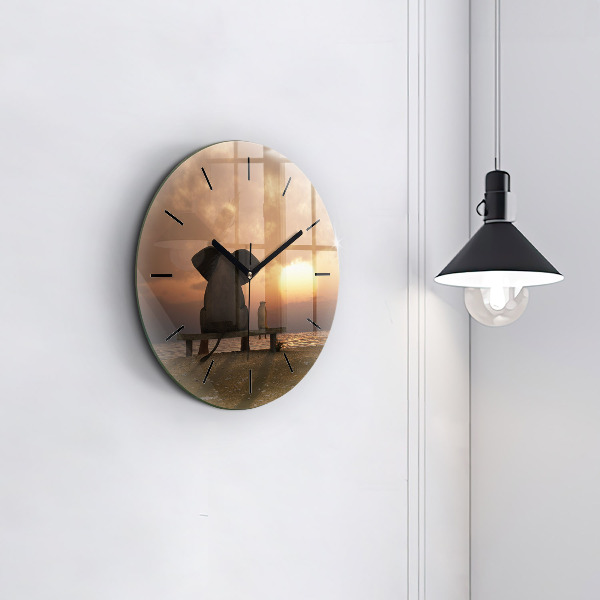 Round glass clock Animals and sunset
