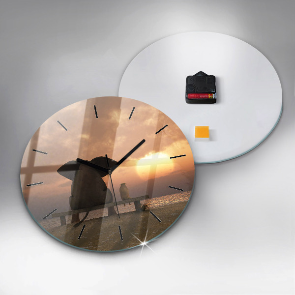 Round glass clock Animals and sunset