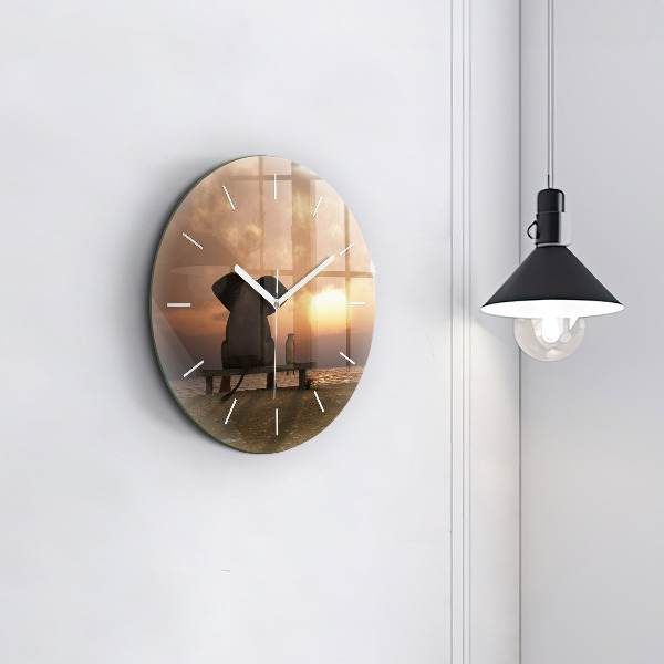 Round glass clock Animals and sunset