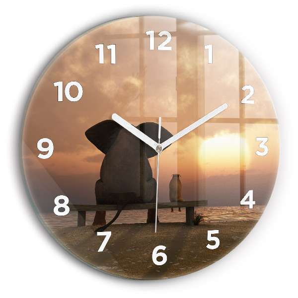 Round glass clock Animals and sunset