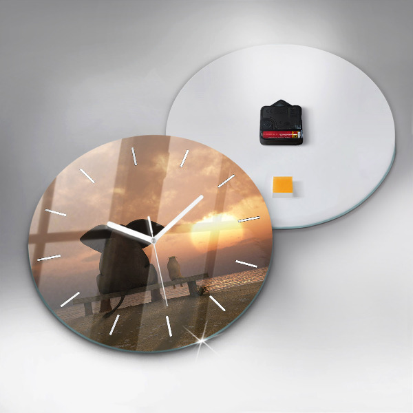 Round glass clock Animals and sunset