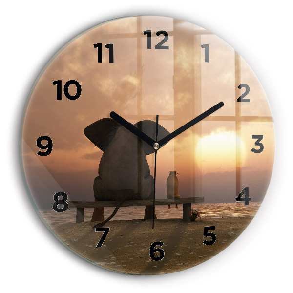 Round glass clock Animals and sunset