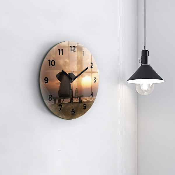 Round glass clock Animals and sunset